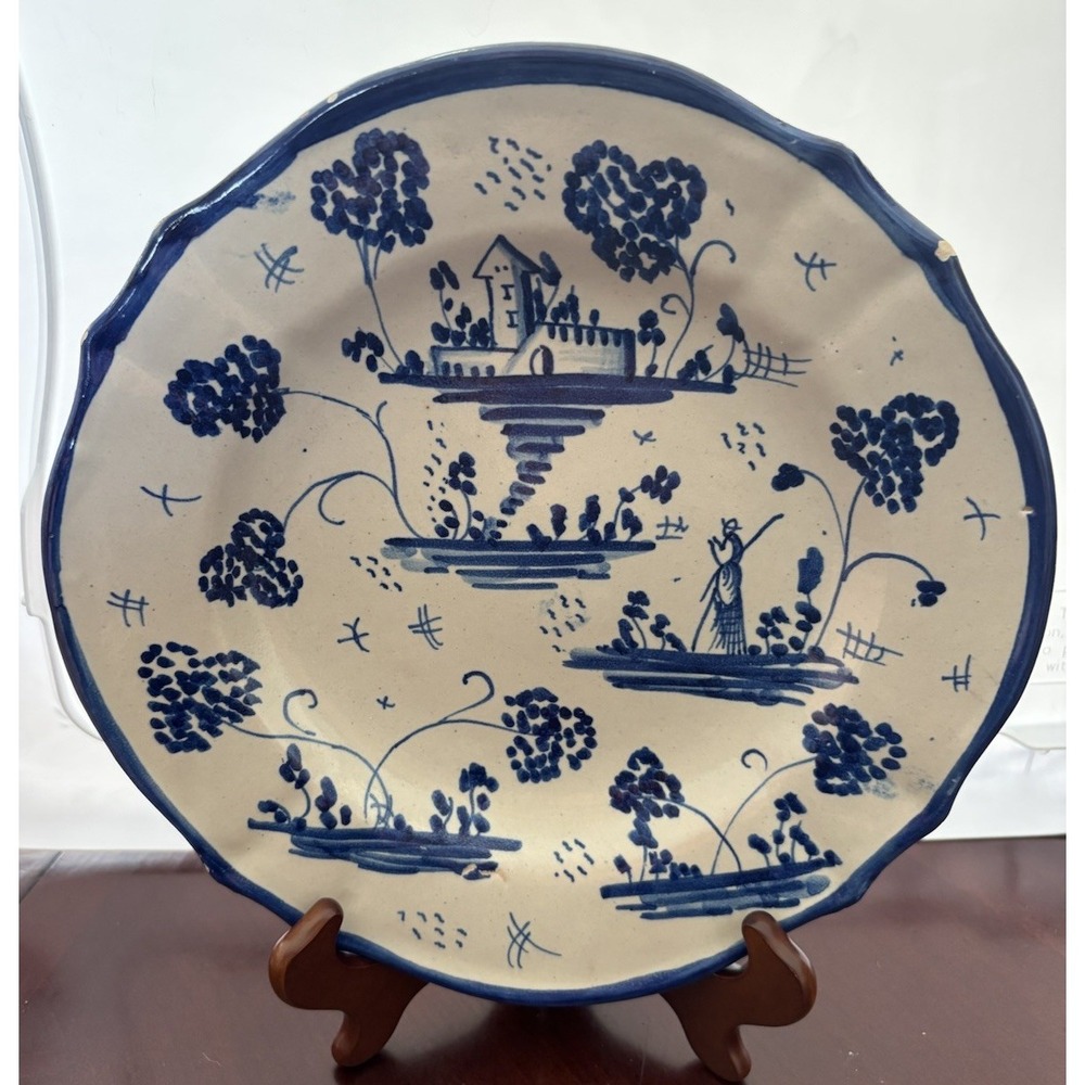 Vintage Deruta Italy Hand Painted Blue White Scalloped Ceramic Charger Plate